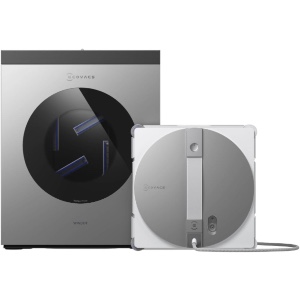 Fensterputzroboter mit Multifunktionsstation, Automatische Reinigung der Wischpads, Kanten- und Eckenreinigung.