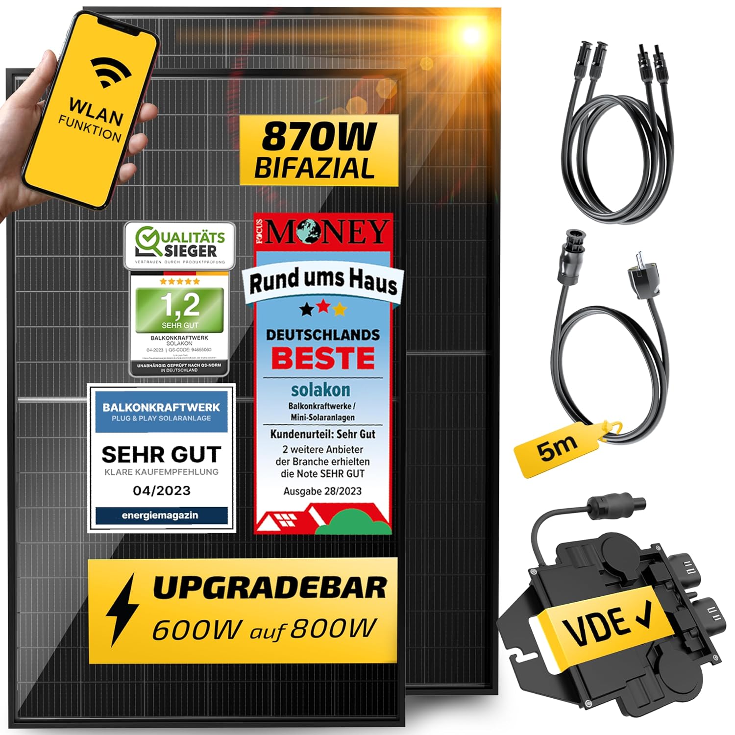 Balkonkraftwerk Komplett-Set mit zwei 420W Solarmodulen, TSUN Wechselrichter und App-Steuerung.