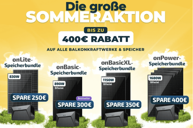 Nur für kurze Zeit! Bei der Solakon Sommer Aktion lassen sich auf Balkonkraftwerksets bis zu 400 Euro sparen