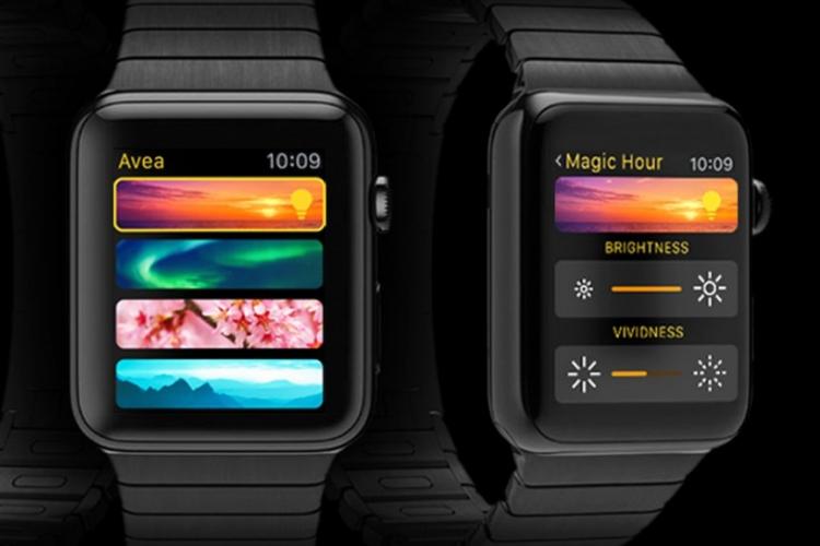 Abbildung der Elgato Avea LED Leuchte, der iPhone App und der Apple Watch App