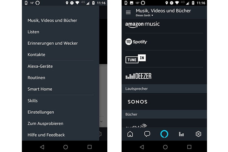 Über das Hauptmenü in der Alexa-App gelangt man zu den verfügbaren Streaming-Diensten