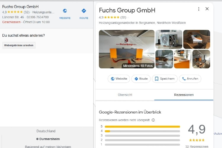 Bei Google wurde die Fuchs Group nahezu perfekt bewertet