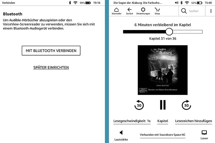 Ist der neue Kindle von Amazon mit einem Bluetooth-Kopfhörer verbunden, lassen sich auch Audible Hörbücher anhören