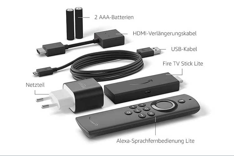 Im Lieferumfang enthalten: Fire TV Stick Lite, Alexa-Fernbedienung, Netzteil, USB-Kabel und sogar ein HDMI-Verlängerungskabel