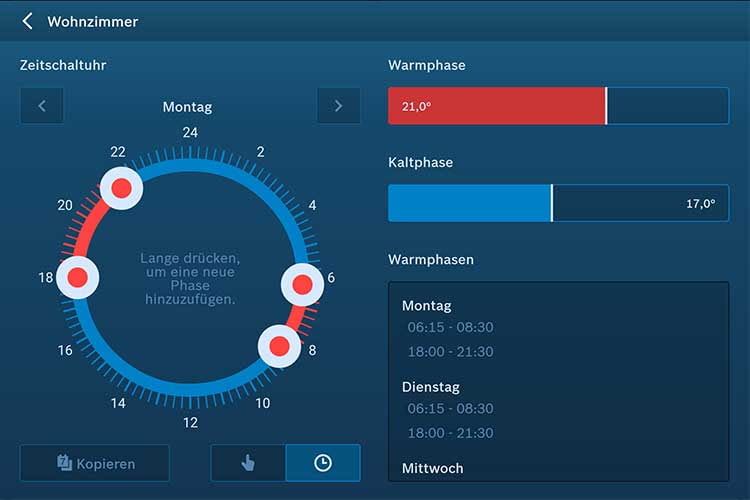 Über die Bosch Smart Home App erfolgt das festlegen von Smart Home Szenen und Routinen, im Bild die Heizzeiten