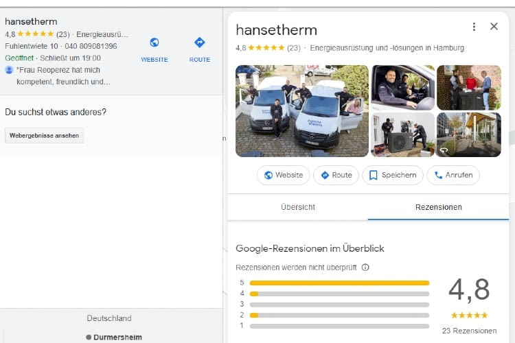 Zum Testzeitpunkt haben erst 23 Kunden eine Bewertung bei Google für hansetherm abgegeben