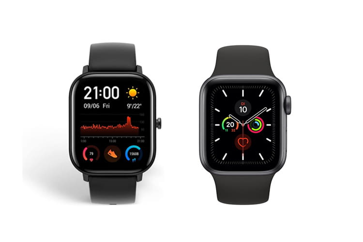 Links ist die Amazfit GTS Smartwatch zu sehen, rechts eine Apple Watch 5
