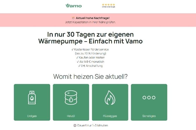 Die Vamo Website ist minimalistisch gehalten