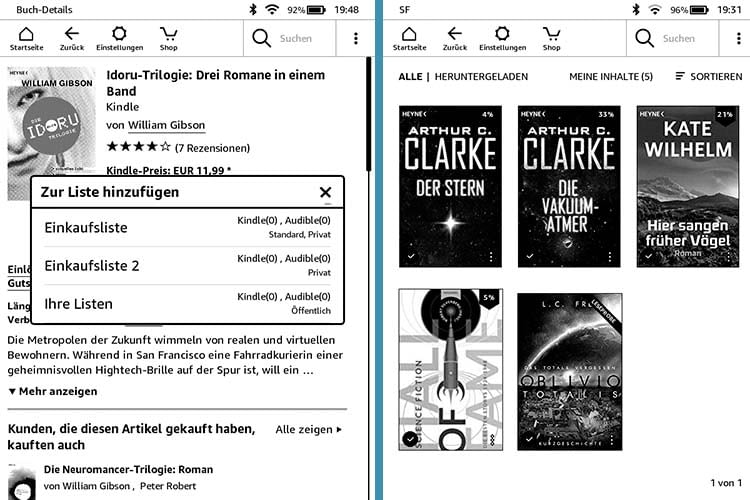 Bücher lassen sich einfach direkt im Amazon Kindle 2019 kaufen, die Bibliothek wird übersichtlich dargestellt