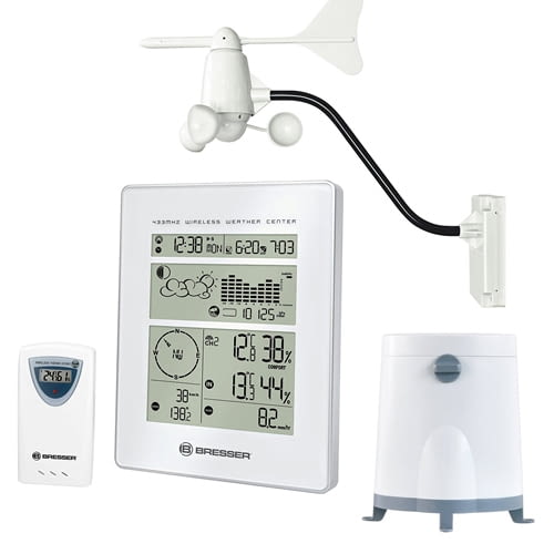 Windmesser, Regenmesser und Thermo-/Hygrometer begleiten die Wetter Center Wetterstation