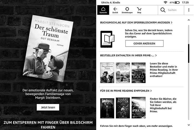 Kindle Paperwhite zeigt auf dem Sperrbildschirm eine Bücher-Werbeeinblendung (li.), Signature-Nutzer können hier Buch-Cover wählen