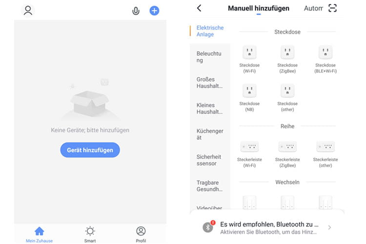 In der Smart Life App können Nutzer Geräte entweder manuell, automatisch oder per QR-Code integrieren