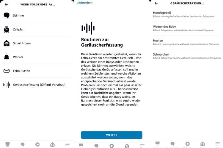 Die Geräuscherfassung lässt sich über die Alexa App unter Routinen aktivieren