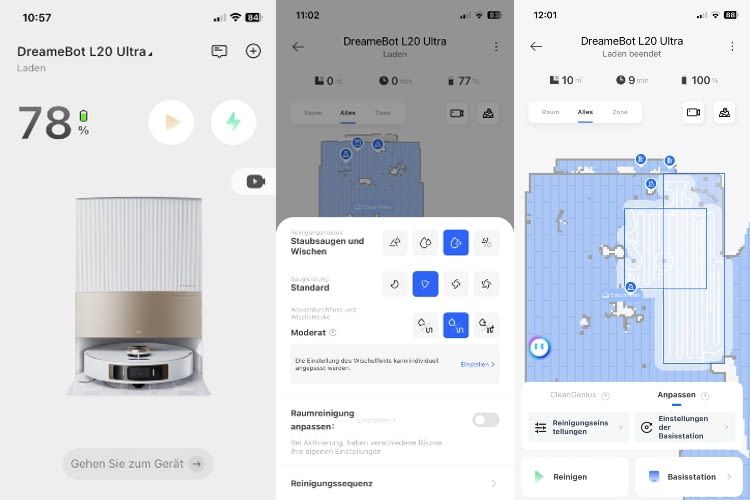 Die Funktionen des Dreame L20 Ultra Saugroboters in der App
