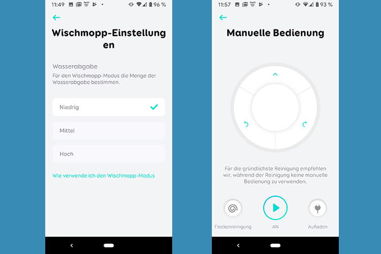 Die Intensität des Moppens oder Saugens lässt sich per App regulieren. Auch eine manuelle Steuerung ist via App möglich