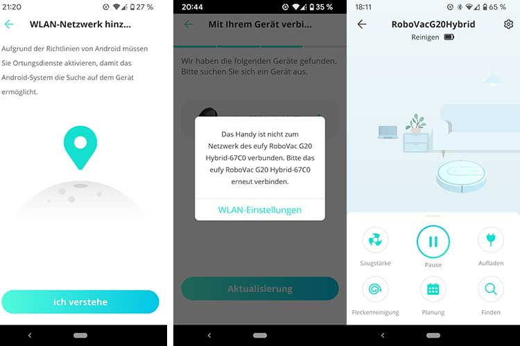Die Installation von eufy RoboVac G20 Hybrid verlief nicht ganz reibungslos. Einmal installiert begrüßt ein aufgeräumtes Menü (re.)