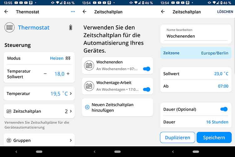 Im Test haben wir die Theromostat-Regel so definiert, dass am Wochenende ab 7 Uhr morgens auf 23 Grad geheizt werden soll