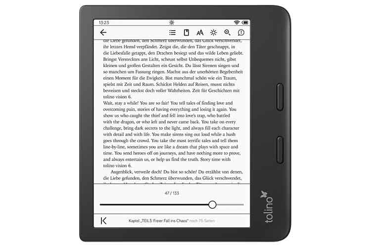 Der tolino vision 6 E-Book-Reader verfügt über einen Griffrand und "Umblätter"-Tasten