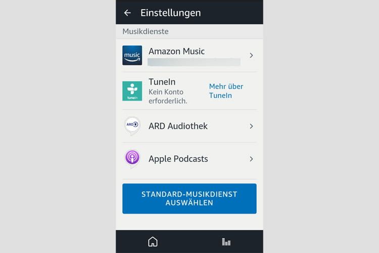 Unser Screenshot zeigt einige der Auswahlmöglichkeiten innerhalb der Alexa App