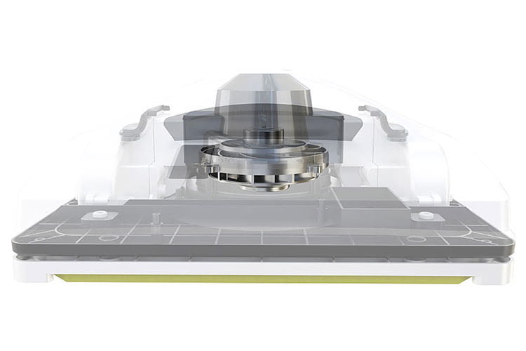 Der mittig angebrachte Ventilator sorgt dafür, dass der Fensterroboter Hobot 298 mittels Unterdruck festen Halt an der Scheibe hat