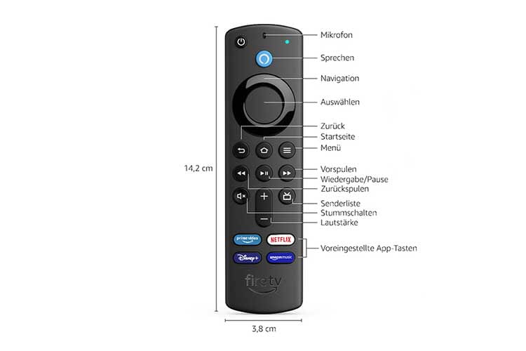 Die neue Alexa-Fernbedienung (2021) verfügt über Schnellstarttasten für Streaming-Dienste sowie einer Senderliste-Taste