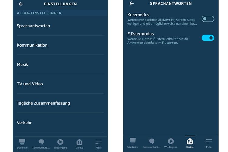 Nutzer können in der Alexa App einstellen, dass Alexa kürzer antwortet oder flüstert