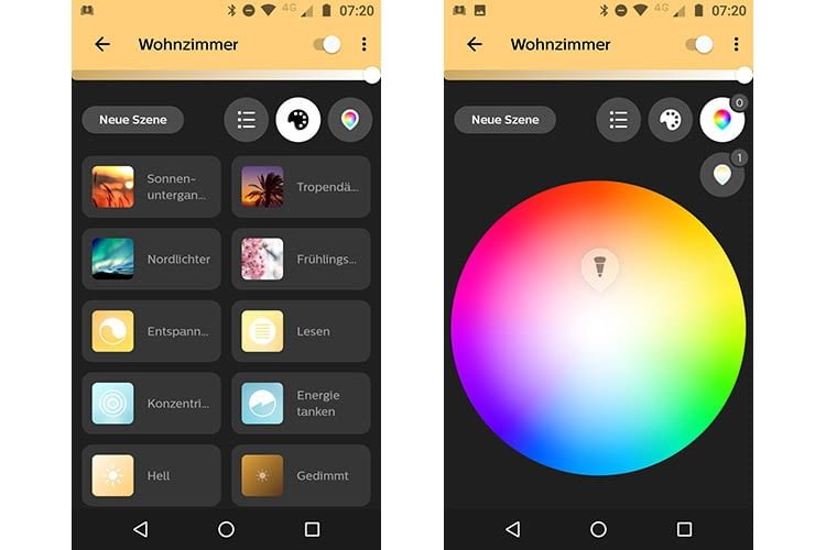 Der Weg zu den versteckten Lichtszenen findet sich oben rechts in der Philips Hue App 3.0