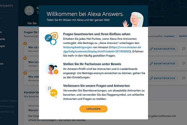 Zur Begrüßung gibt Alexa Answers einen kurzen Überblick darüber, was Teilnehmer erwartet