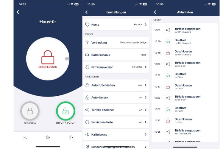 In der App lässt sich das Schloss öffnen, einstellen und das Protokoll einsehen