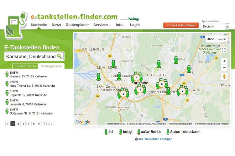 Bei der Ladesäulenkarte von e-tankstellen-finder.com muss der Nutzer sich nicht registrieren