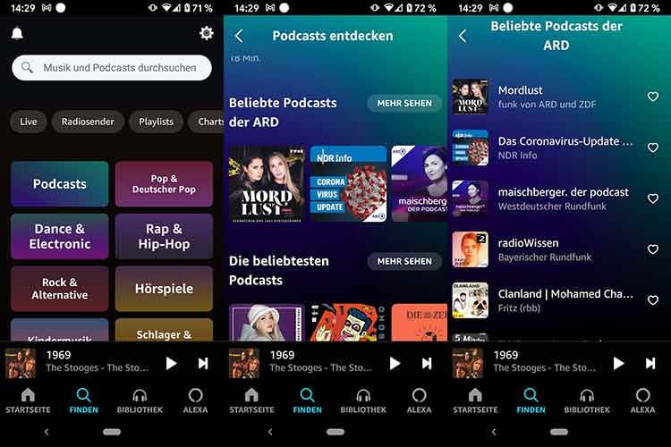 So geht's: In der Amazon Music App auf die Lupe klicken, dann das "Podcasts" auswählen und "Bleibte Podcasts der ARD"