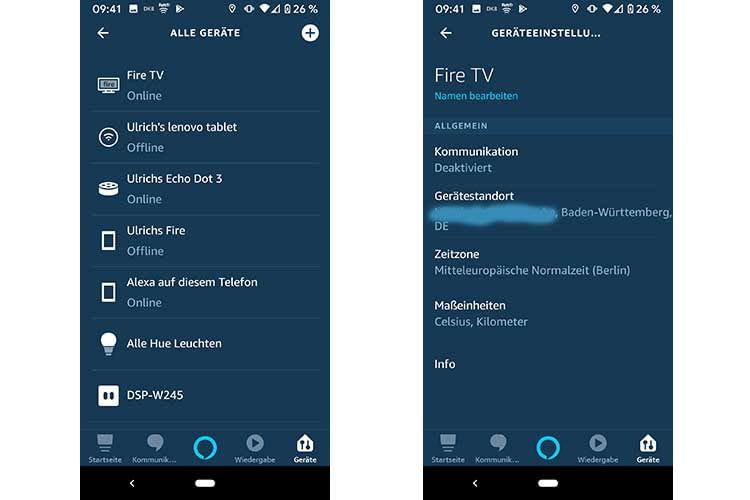Fire TV einrichten: In der Alexa App Geräteübersicht Fire TV auswählen und dann Kommunikation und Zeitzone festlegen