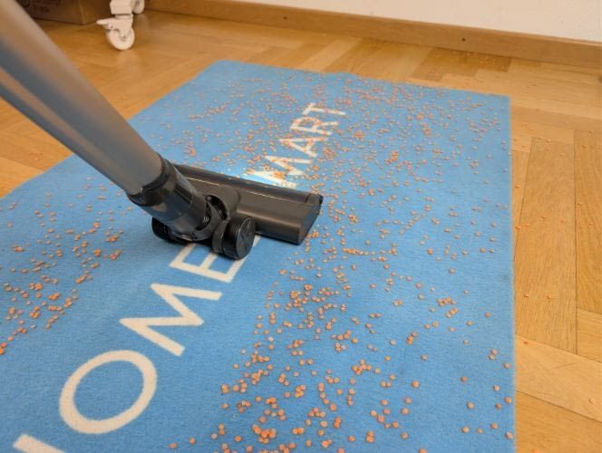 Der Mova S2 hat selbst mit gr&ouml;&szlig;eren Schmutzmengen auf Teppichen kein Problem.