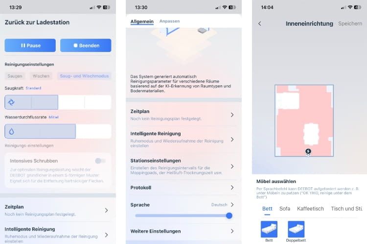 Die Reinigungseinstellung in der App bieten viele Möglichkeiten zur Reinigung