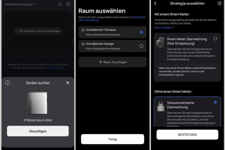 Hier sind einige der Einrichtungsschritte in der App zu sehen