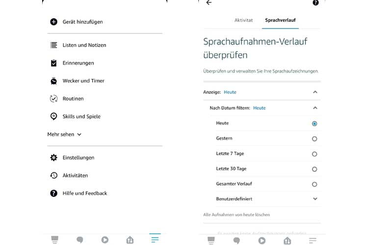 Via Alexa App, sind auch Alexa Aktivitätsverläufe schnell gelöscht