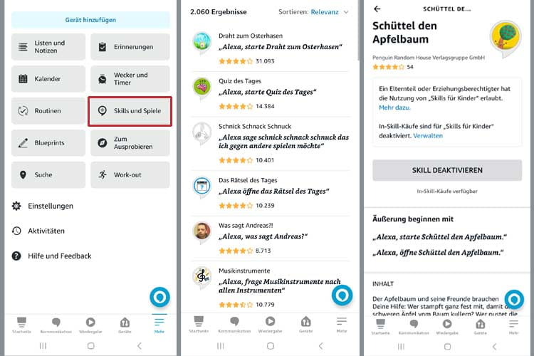 In der Alexa App werden die Skills übersichtlich angezeigt und sind daher leicht aktivierbar