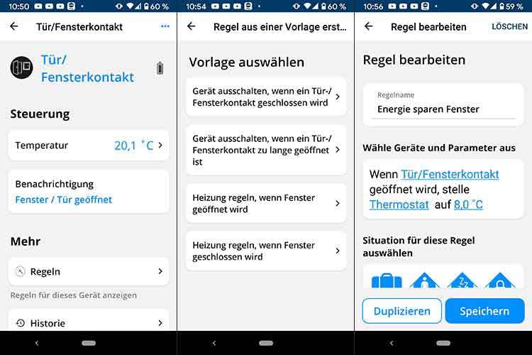 Im Test haben wir eine Regel definiert, die festlegt, dass das Thermostat bei geöffnetem Fenster automatisch heruntergeregelt wird