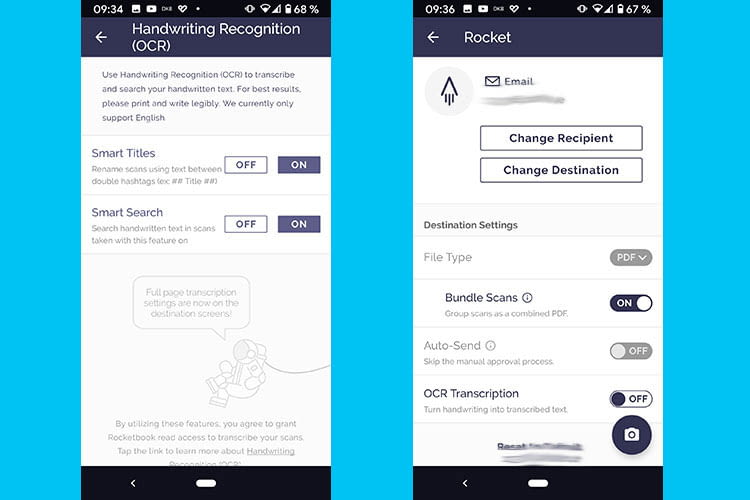 OCR oder Bundle Scans für mehrseitige PDFs lassen sich in der Rocketbook App einstellen