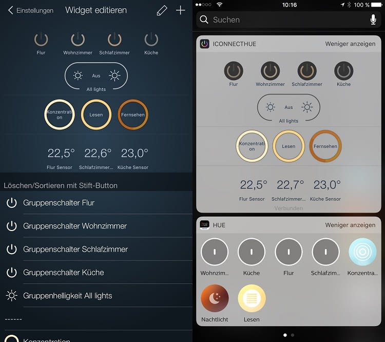 Im Vergleich zum Widget der Hue-App: mehr Funktionsumfang und Übersichtlichkeit