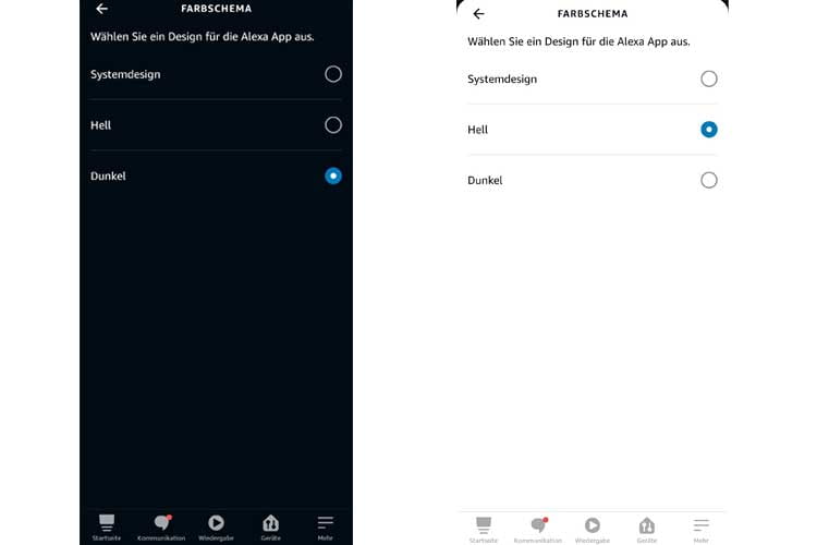 Der Hell- und Dunkelmodus in der Alexa App im Vergleich