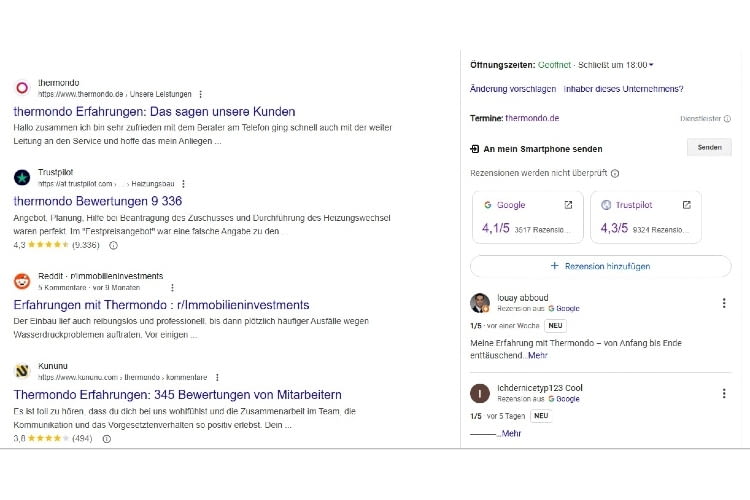 Auf Google und trustpilot  erhält thermondo hauptsächlich gute und  sehr gute Bewertungen