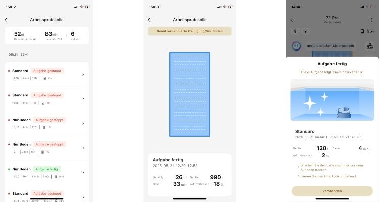 Akkustand und Reinigungsprotokolle sind ebenfalls sehr hilfreiche Funktionen