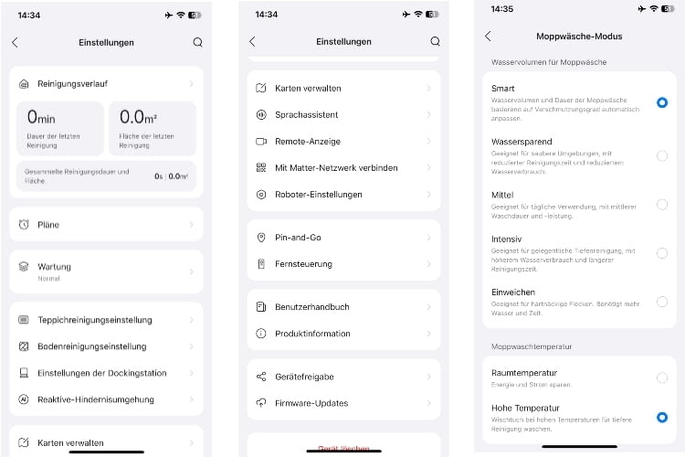 Die Roborock App ist übersichtlich und bietet viele Einstellungsmöglichkeiten