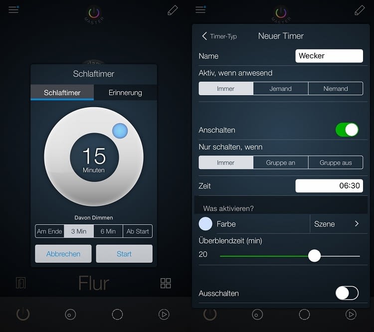 Schlaftimer, Erinnerung, Zeitsteuerung, Lichtwecker mit iConnectHue einstellen