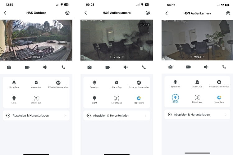 Die Aufnahmen der Tapo C325WB am Tag, in Dunkelheit ohne Lichtfunktion und mit Lichtfunktion (von links nach rechts)