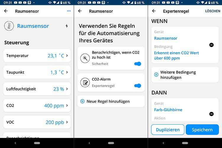 Im Test definierten wir eine Lichtwarnung, die anzeigt, wenn der EUROTRONIC Air Quality Sensor erhöhte CO2-Werte feststellt