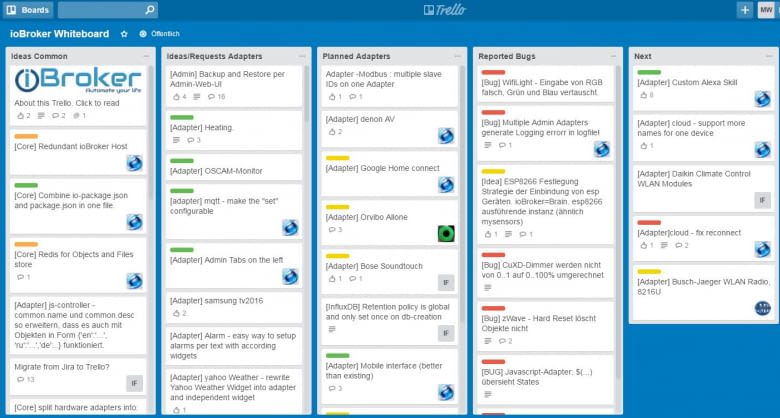 Geprüfte Ideen und Fehlermeldungen werden auf dem ioBroker Trello-Whiteboard hinterlegt