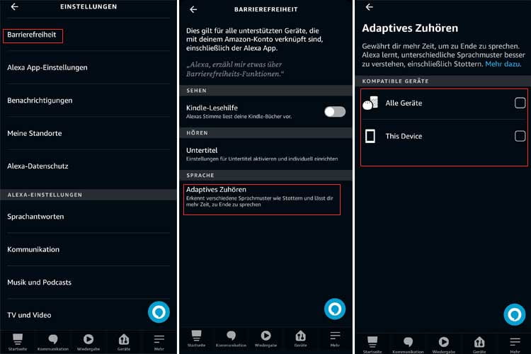 In der Alexa App lässt sich adaptives Zuhören in nur wenigen Schritten aktivieren