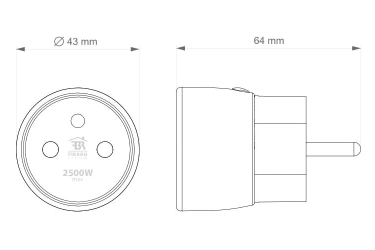 Der Zwischenstecker FIBARO Wall Plug benötigt mit 64 mm Platz in der Steckdose